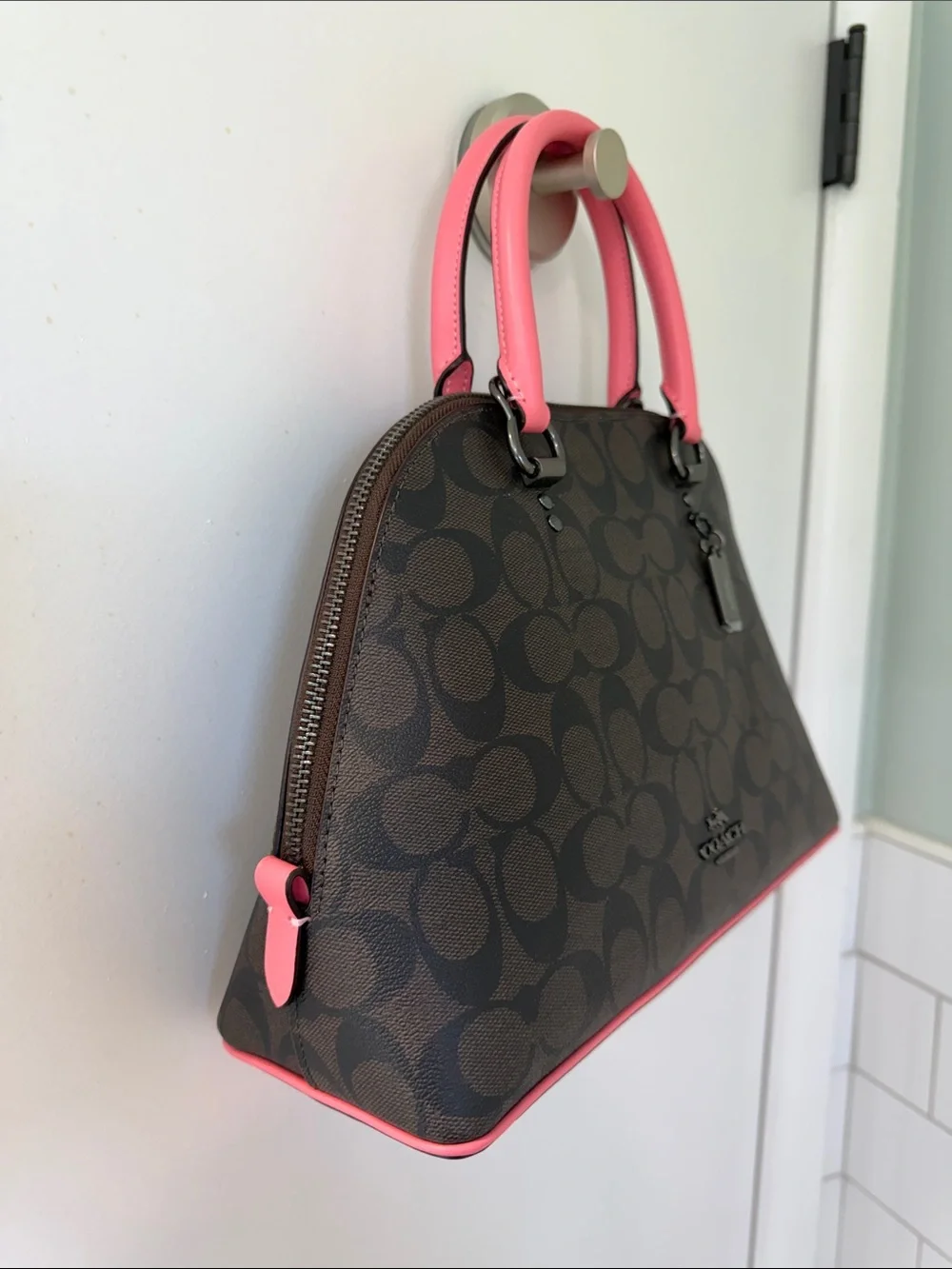 Coach Signature Katy Satchel in Brown with Pink Lemonade Trim